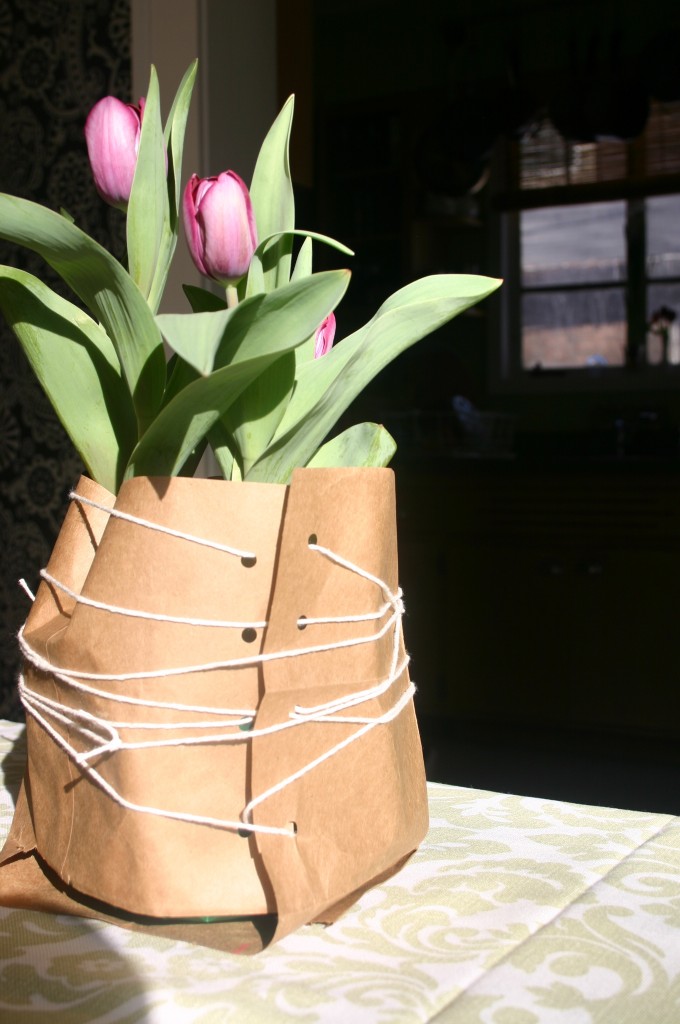 img_07101 Potted tulips in brown bag wrapping.