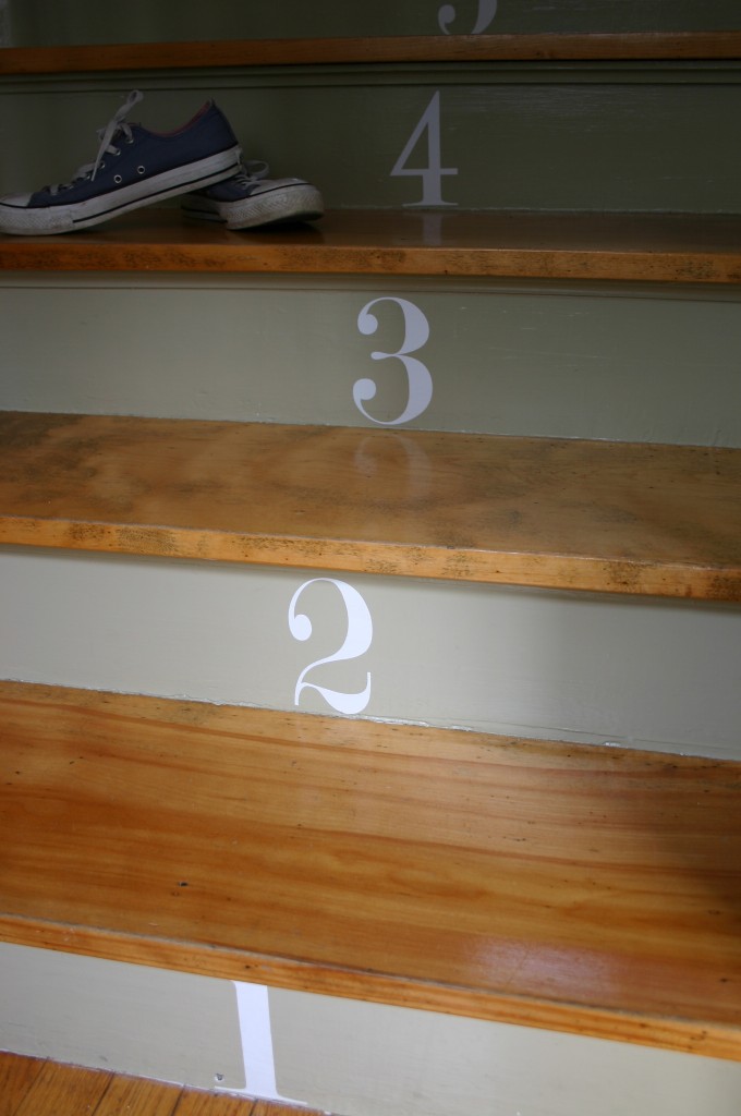 Our stairs are the first thing people see when they walk in our front door - so I decided to make them a focal point. Painting the risers a slightly different color from the walls and applying vinyl decals that I designed onine - we created a look that gets attention straight away. Children love to count out the stairs as they walk up - so it doubles as an educational tool!