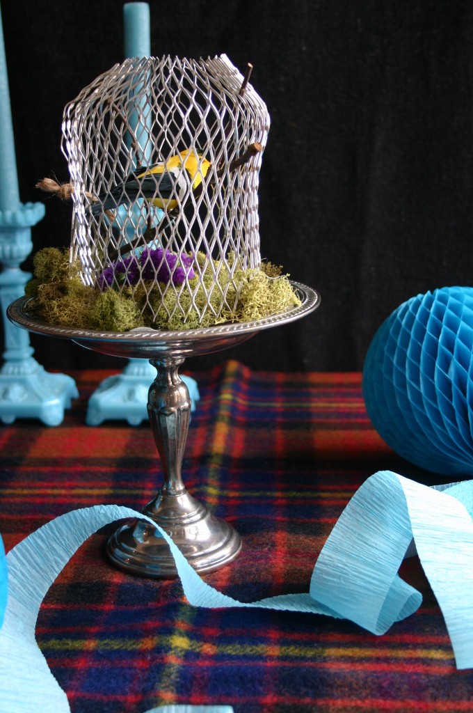 img_4573 A downspout stainer is transformed into a birdcage centerpiece for a child's party. Wire strainers are available at Home Depot for $2-$3.00. I inserted a branch into the center, attached a craft bird, hot-glued moss to a cardboard base and glued the strainer to the base.