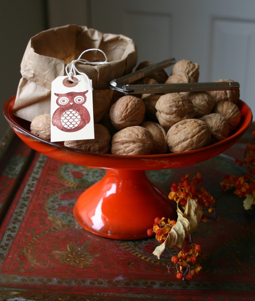 Walnuts in their shells make a great party snack -kids love to crack them open. Here I have placed them in a festive footed bowl with a paper bowl beside to hold the shells.