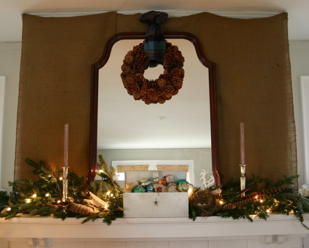 To add texture and interest - I draped the mantel wall with burlap.