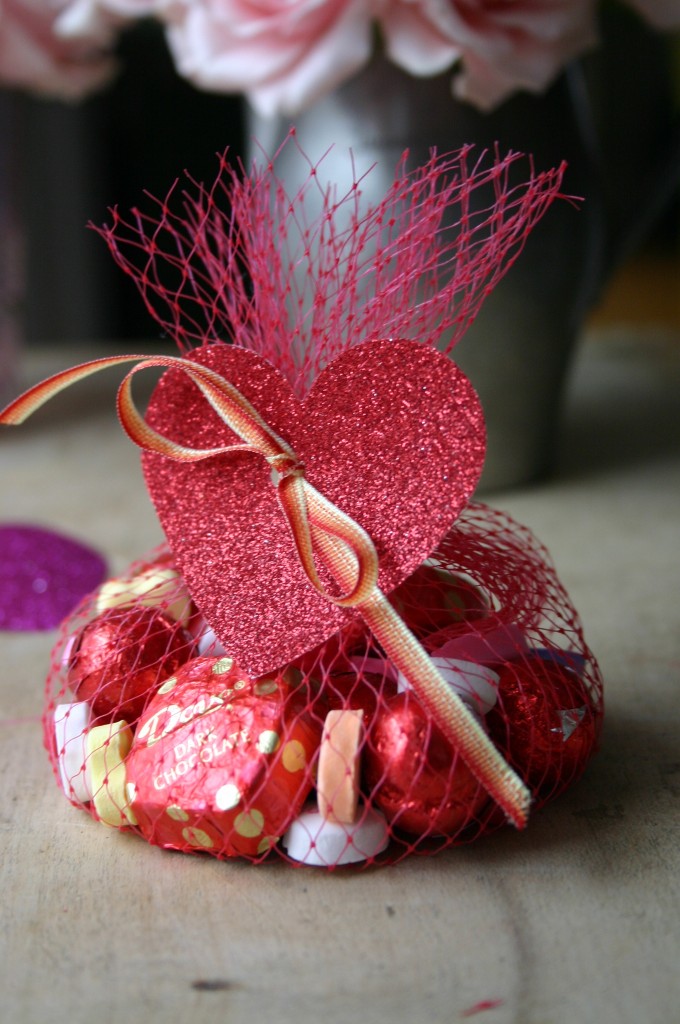 Valentine's Day treat bags, made from mesh grapefruit packages are simple and fun to make - the kids can help.