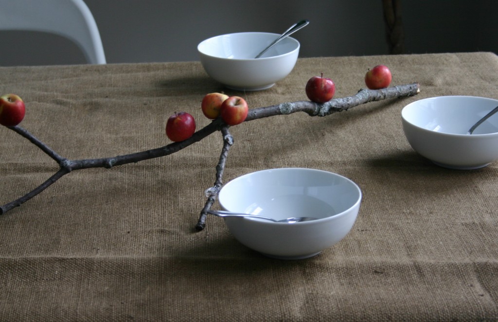 img_6215 Small lady apples (available in some supermarkets) are hot glued to a branch to create an interesting horizontal centerpiece for the table.