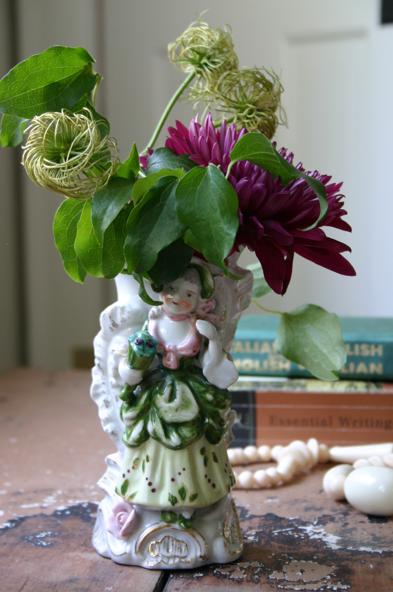 IMG_3343 When making this simple arrangement this morning, I included the seed head from a clematis vine I have growing in my front yard.