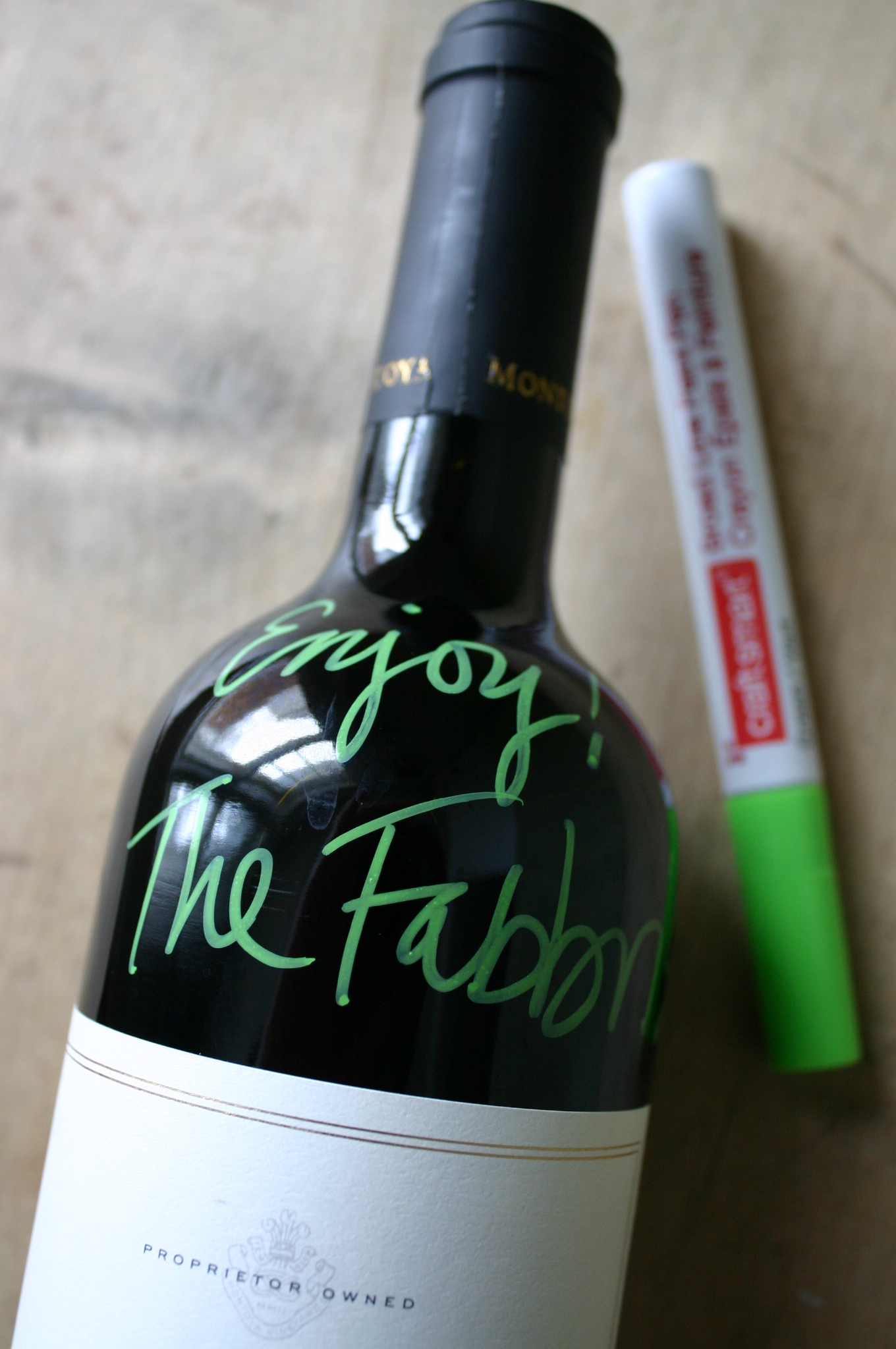 IMG_2141 Giving a bottle of wine as a hostess gift? No gift tag needed - just write your message directly on the bottle with a paint pen.
