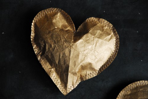 At first glance this looks like a hammered metal heart, but it is made from a paper grocery bag.