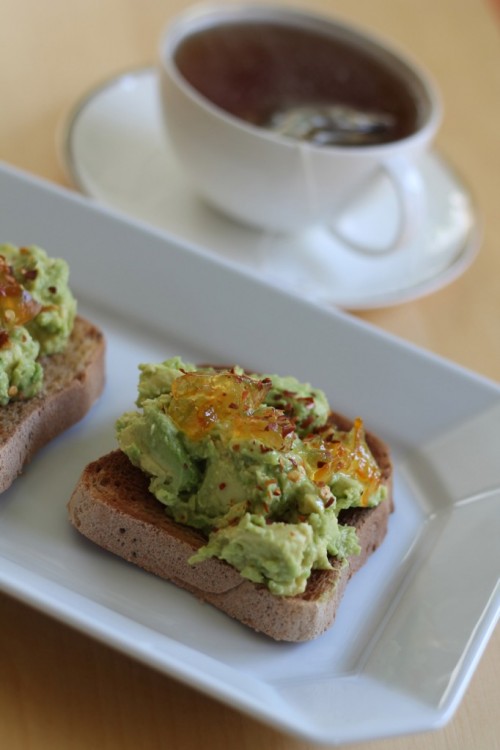 Family Chic My latest favorite breakfast -- mashed avocado with marmalade and crushed red pepper flakes on gluten-free toast.