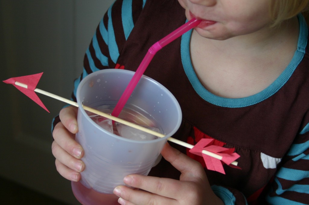 Slip the skewer into both slits of the cup and then add on the paper arrow bits. Fill with ice, cranberry juice and a straw. Do not pass the point of the arrow when filling cup with juice.
